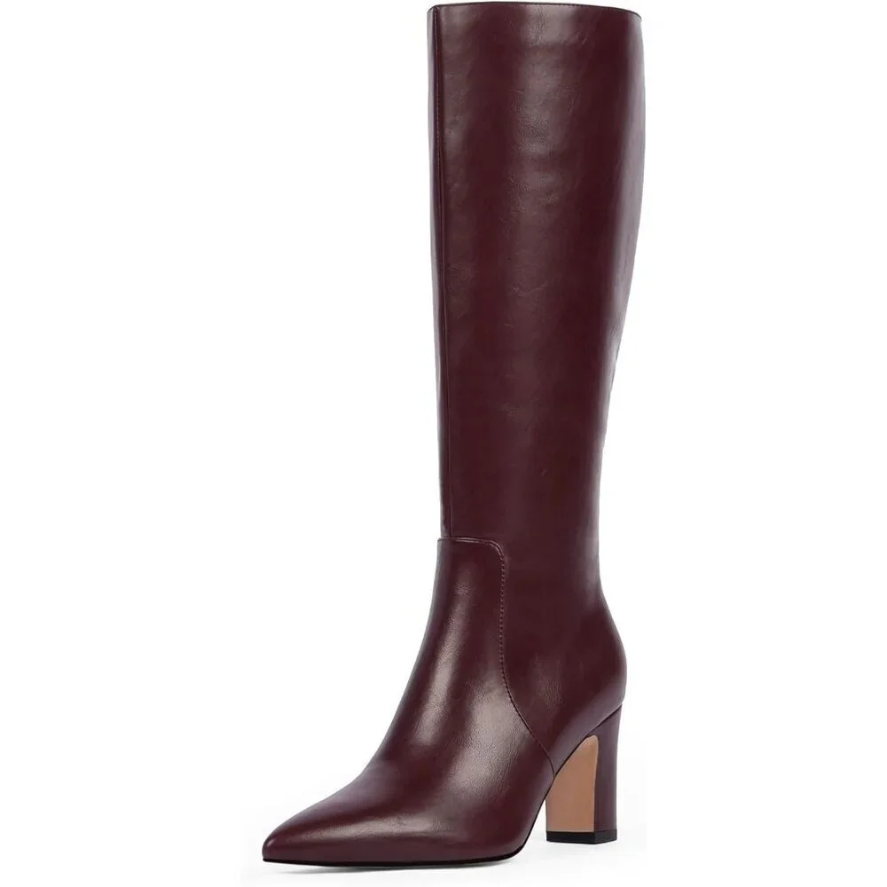 Women Burgundy Chunky Heel Pointed Toe Side Zipper Fall Dressy Comfortable Boots